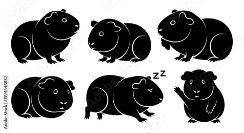 Collection of guinea pigs in various poses and expressions, showcasing different emotions and actions in a simple illustration style