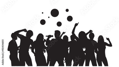 Silhouetted people dancing in joyful celebration with dynamic movement and black confetti on for party invitation Transparent Background