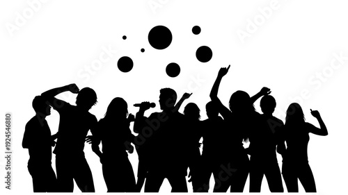Silhouetted people dancing in joyful celebration with dynamic gestures and abstract bubbles in black and for party invitation Transparent Background