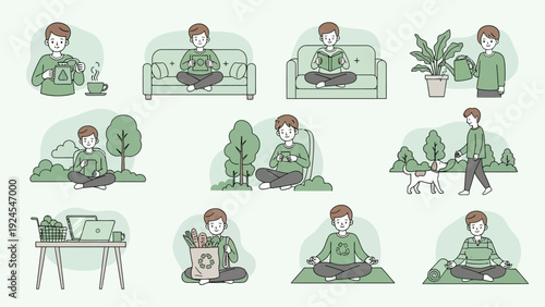 Young man in various relaxed and focused poses indoors and outdoors.