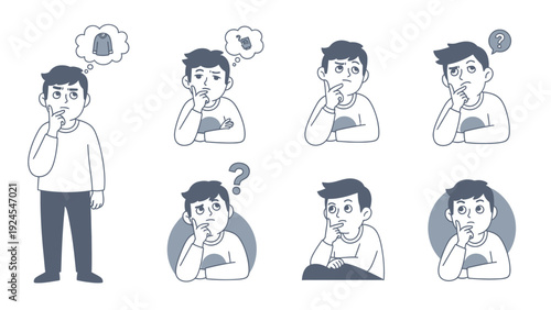 Young man thinking with various expressions and thought bubbles.