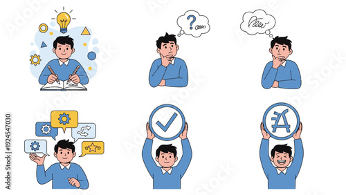 Young man thinking and working on ideas and solutions.