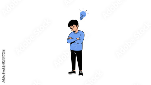Young man with arms crossed thinking with a lightbulb above his head.