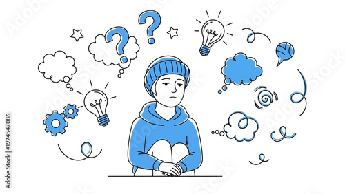 Young person in blue hoodie and beanie contemplating with thought bubbles and lightbulbs around their head.