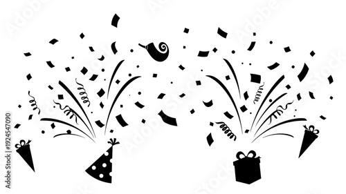 Celebratory Party Hats and Gifts in Explosive Confetti with Dynamic Motion in Black Silhouette on for Party Invitation Transparent Background