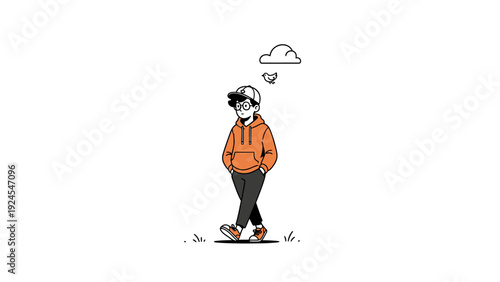 Young Person in Orange Hoodie Walking with Thought Bubble Above.