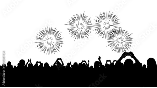 Crowd Celebrating with Fireworks in Silhouette Style with Dramatic Lighting on for Party Invitation Transparent Background