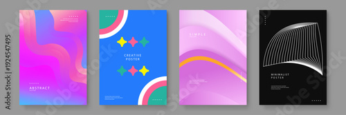 Set of four diverse posters featuring fluid wave motions vibrant gradients geometric symbols and minimalist line art