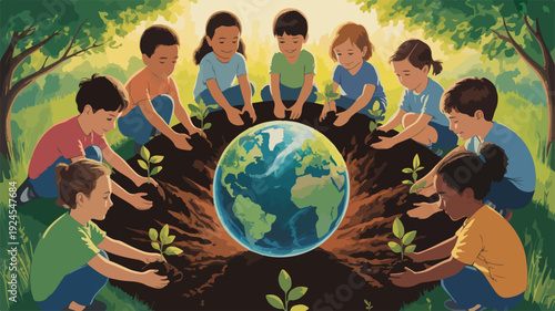 Children planting trees around the earth in a circle symbolizing environmental conservation and sustainability in a natural setting with trees and green grass
