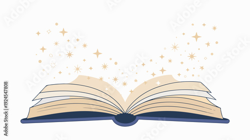 Open book with magical stars and sparks flying out against a white background soft lighting whimsical atmosphere and dreamy illustration style