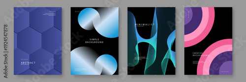 A collection of four premium abstract posters featuring blue hexagons gradient circles cyan wave lines and pink geometric arcs on black backgrounds