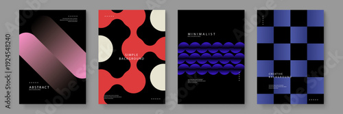 A diverse collection of four abstract posters including pink capsules red organic shapes blue waves and checkered patterns