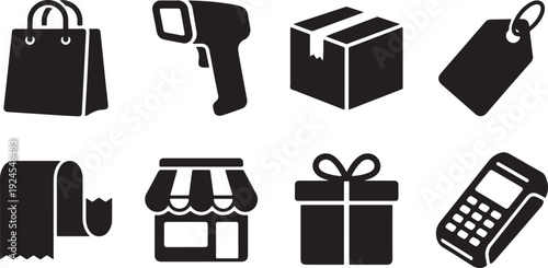 Minimal Shopping and Retail Icons Set with Gift Box, Barcode Scanner, Storefront, Price Tag, Calculator and Package, Black Flat Vector Isolated on White Background