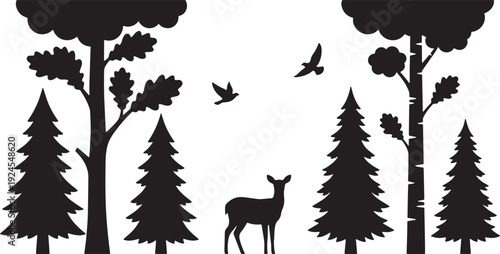 Minimal forest wildlife silhouette with deer, trees and flying birds on white background, nature landscape vector illustration, outdoor scenery, woodland animal concept