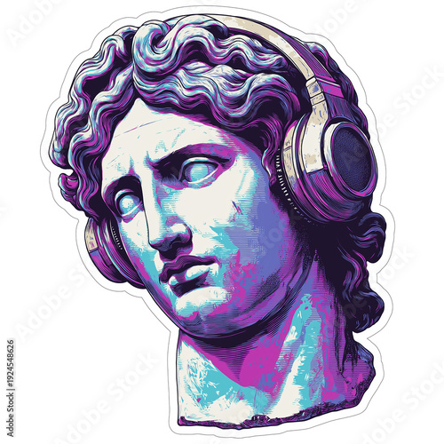 classical statue head wearing headphones in blue purple tone png transparent background