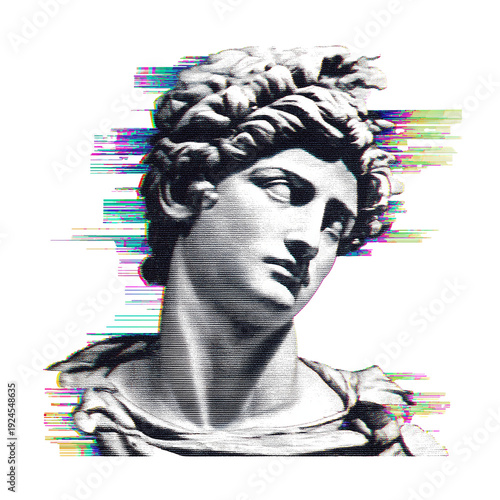classical male statue head with colorful glitch effect png transparent background