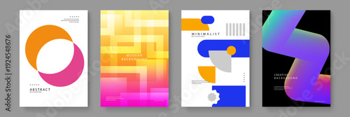 Collection of four abstract poster templates featuring vibrant gradients geometric shapes and minimalist layout for creative brand identity