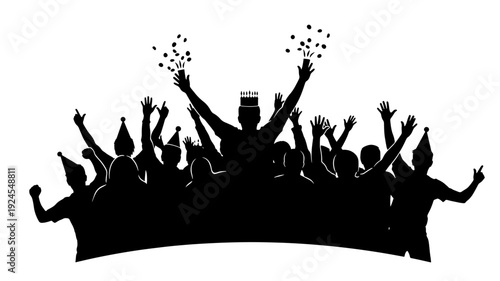 Silhouetted crowd celebrating with confetti in joyful festive atmosphere against bright for party invitation Transparent Background