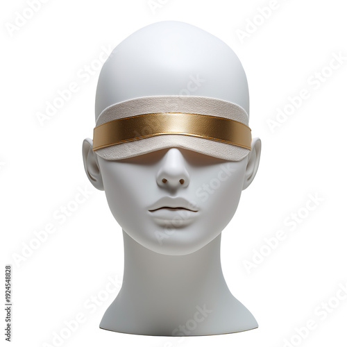white mannequin model wearing gold blindfold png transparent background