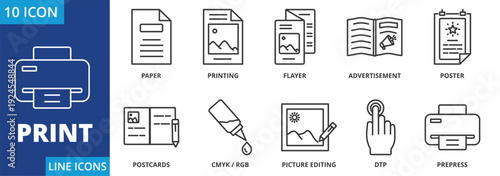 Print icon set collection in outline style. Containing Paper, printing, Flayer, Advertisement, Poster, Postcards, Cmyk, Picture editing, Dtp, prepress