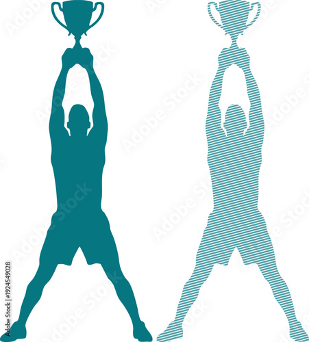 Two figures holding up a trophy one solid one striped