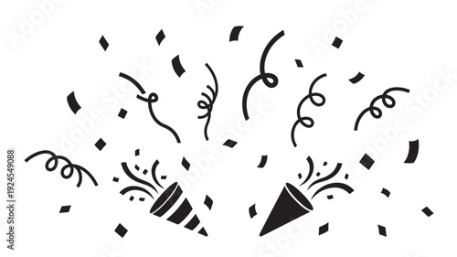 Party Poppers Celebration Black Silhouette Confetti Burst on for Party Invitation Transparent Background