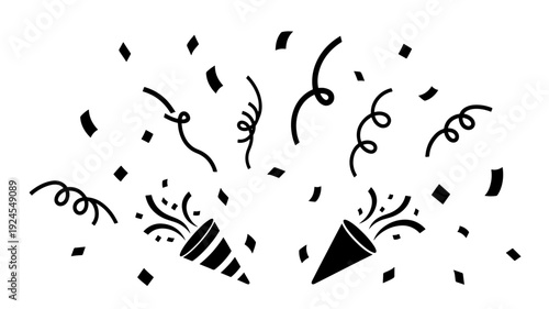 Party Poppers and Confetti in Simple Black Silhouette on for Celebration Design Transparent Background