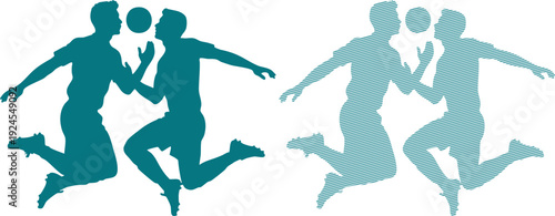 Two pairs of teal silhouettes jumping with a ball people