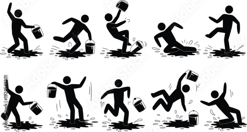 Slipping people silhouettes showing fall accidents on wet surfaces, black vector illustration set for safety warning, hazard awareness, workplace risk prevention concepts