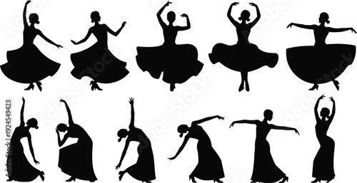 Flamenco dancer silhouettes set showing elegant dance poses isolated on white background for cultural illustration, Spanish art, performance design, logo branding and decorative graphics