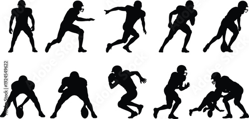 American Football Player Silhouette Collection Showing Running, Passing, Carrying Ball, and Tackling Action Poses, Black Vector Illustration Isolated on White Background for Sports Design