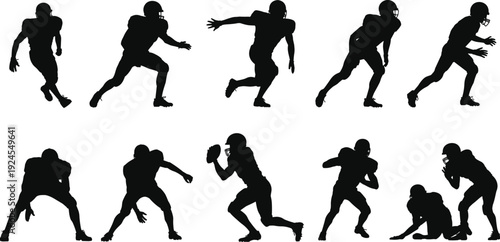 American Football Player Silhouette Set Showing Running, Passing, Tackling, and Defensive Action Poses, Black Vector Illustration Isolated on White Background for Sports and Athletic Design