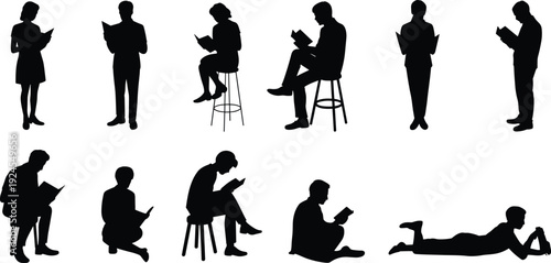 People Reading Silhouette Set Showing Standing, Sitting, Kneeling, and Lying Poses with Books, Black Vector Illustration Isolated on White Background for Education and Lifestyle Design
