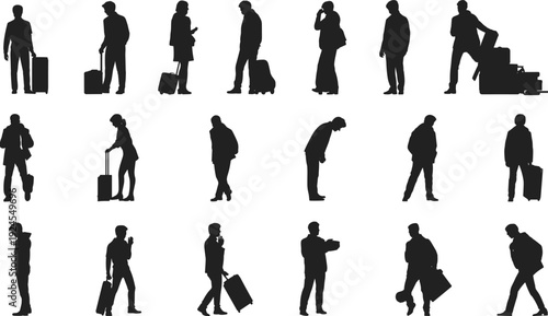 Travel People Silhouette Collection Showing Walking, Standing, Waiting, Carrying Suitcases, and Phone Use Poses, Black Vector Illustration Isolated on White Background for Transportation Design