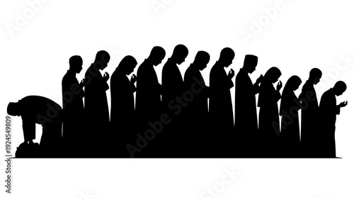 Silhouetted people in prayer with one kneeling in dramatic black and minimalist style for spiritual or religious use Transparent Background