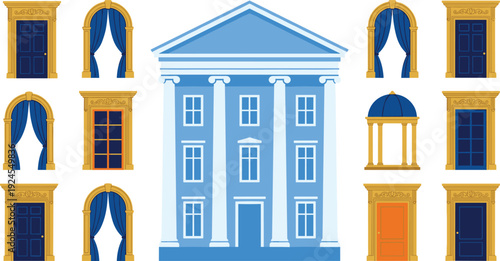 Neoclassical Building and Architecture Elements Set Featuring Blue Mansion with Greek Columns Arched Windows Ornate Doors and Decorative Portals Isolated on White Background Vector