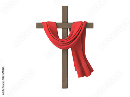 Wooden cross draped with a vibrant red cloth symbolizing sacrifice and passion