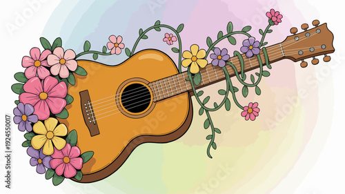 Acoustic guitar adorned with colorful flowers and vines on a pastel rainbow background symbolizing music and nature harmony