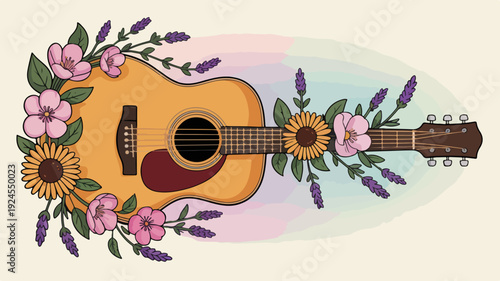 Acoustic guitar with floral arrangement sunflowers pink flowers and lavender on cream background symbolizing music and nature harmony