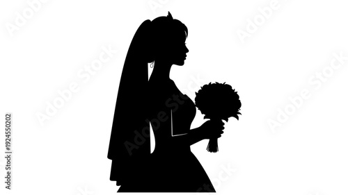 Bride silhouette with wedding bouquet in elegant profile view with soft black and contrast for wedding decor Transparent Background