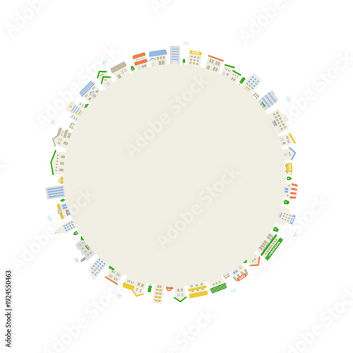 Flat color cityscape composition forming a circular layout