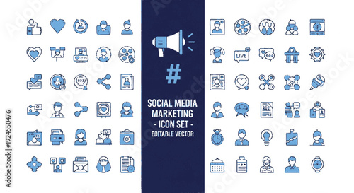 Social media marketing icon set with megaphone and hashtag symbols for online promotion and digital advertising strategies