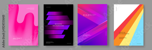 A versatile set of four backgrounds including pink fluid lines purple geometric bars and colorful diagonal rainbow stripes