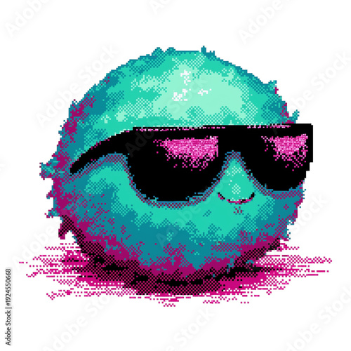pixel style green planet wearing sunglasses png transparent background