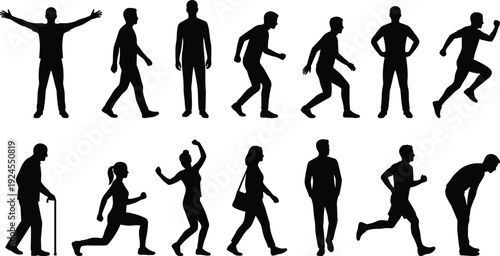 Set of diverse people silhouettes in different poses including walking running elderly man exercising woman and business people isolated on white background vector illustration
