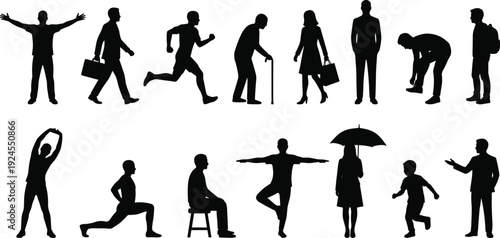 Diverse collection of black people silhouettes in various poses including walking running business elderly exercising sitting and standing isolated on white background vector