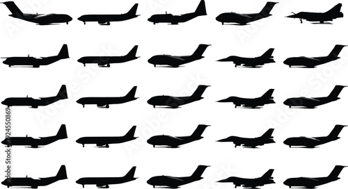 Collection of professional airplane silhouettes featuring various aircraft models including military jets cargo planes and commercial airliners isolated on a clean white background for design