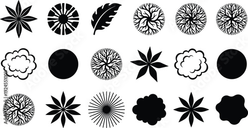Large collection of black silhouette icons featuring various aircraft types military jets helicopters and organic landscape design elements like trees and plants for professional