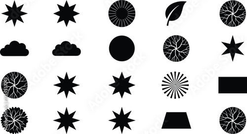 Black silhouette collection of organic and geometric nature symbols including trees shrubs clouds stars and garden landscape design elements for architectural site plan mapping