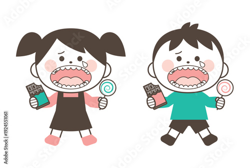 お菓子を持った虫歯だらけの子供